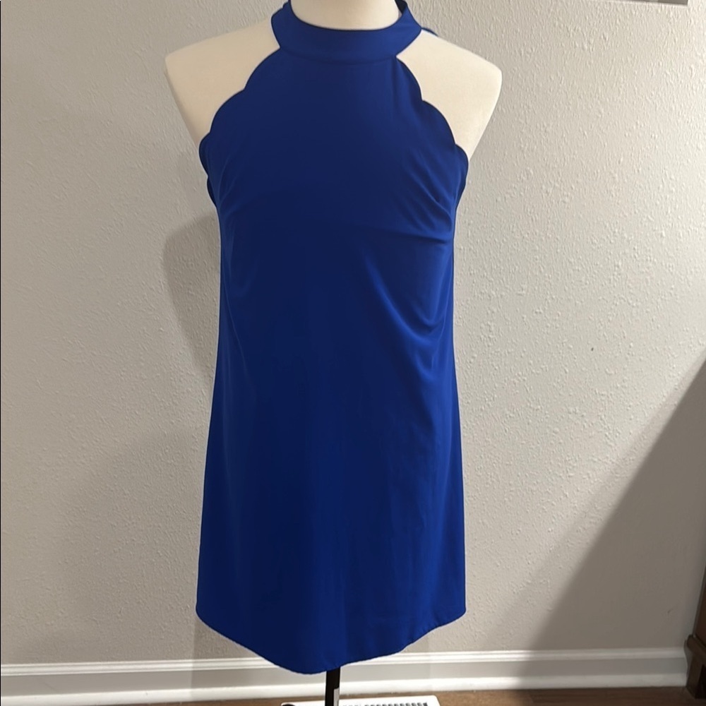 Stylish Blue Halter Dress with Scalloped Edges